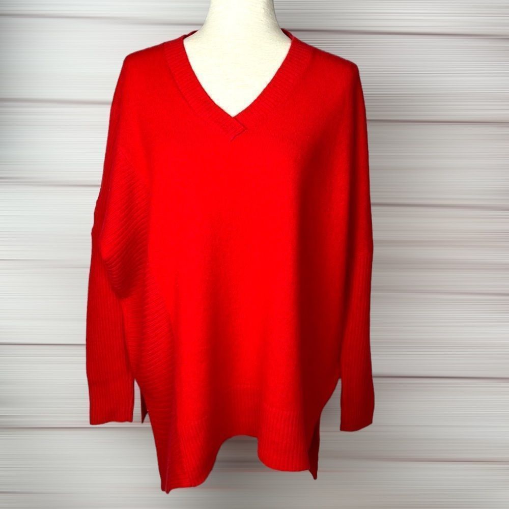 PLY Cashmere Red Oversized Sweater Asymmetrical Hem V-Neck 3/4 Sleeves size  M